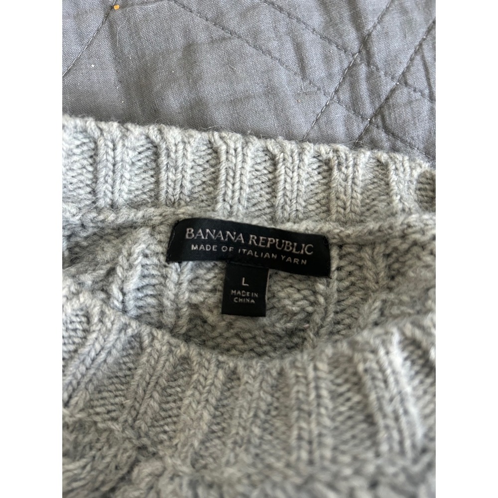 Banana Republic Cable Knit Sweater L Gray Italian‎ Yarn Crew Neck Old Money - Picture 2 of 11